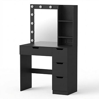 Makeup Vanity Desk with Lighted Mirror, 3 Lighting Modes, Open Shelves, Built-in Power Outlets