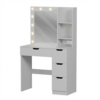 Makeup Vanity Desk with Lighted Mirror, 3 Lighting Modes, Open Shelves, Built-in Power Outlets