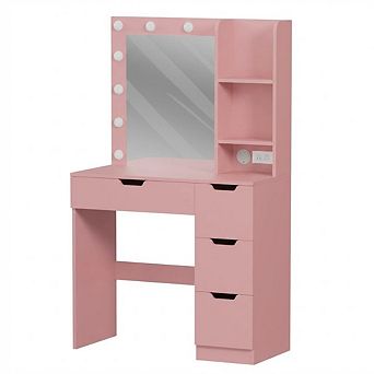Makeup Vanity Desk with Lighted Mirror, 3 Lighting Modes, Open Shelves, Built-in Power Outlets