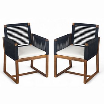 Eazegath Set of 2 Outdoor Wood Dining Armchairs with Rope Design and Cushions