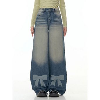 Women's High Waisted Wide Leg Jeans, Bow Print Gradient Wash Denim Pants Casual Trousers