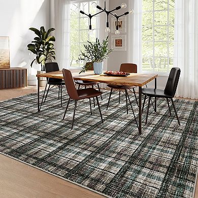 Washable Low Pile Plaid Rug with Non-Slip Backing, Soft Printed Carpet, Pet Friendly