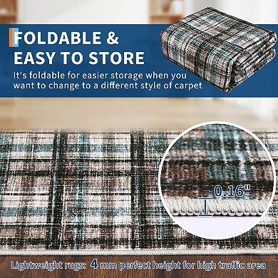 Washable Low Pile Plaid Rug with Non-Slip Backing, Soft Printed Carpet, Pet Friendly