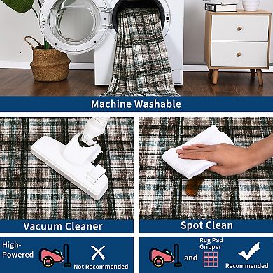 Washable Low Pile Plaid Rug with Non-Slip Backing, Soft Printed Carpet, Pet Friendly