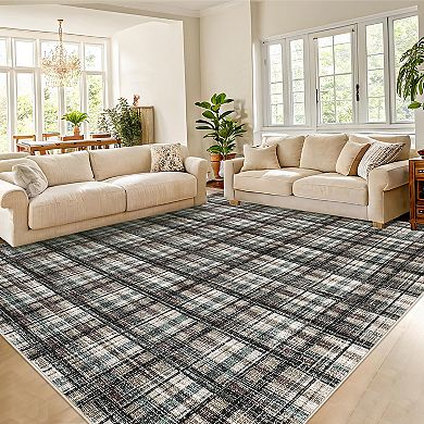 Washable Low Pile Plaid Rug with Non-Slip Backing, Soft Printed Carpet, Pet Friendly
