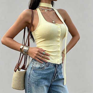 Women's Ribbed Knit Halter Top, Sleeveless Button Front Form-Fitting Crop with Long Ties