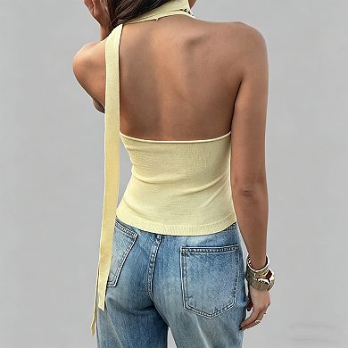 Women's Ribbed Knit Halter Top, Sleeveless Button Front Form-Fitting Crop with Long Ties