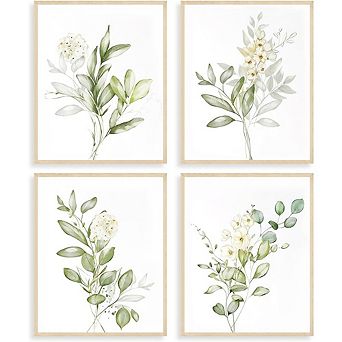 Botanical Watercolor Wall Art Set of 4 Sage Green Minimalist Plant Prints Decor