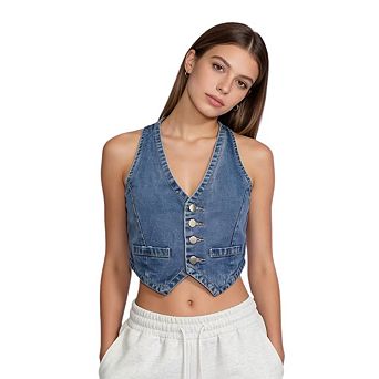 Womens Denim Vest Sleeveless V Neck Button Down Waistcoat Jacket Y2K Summer Crop Tops
