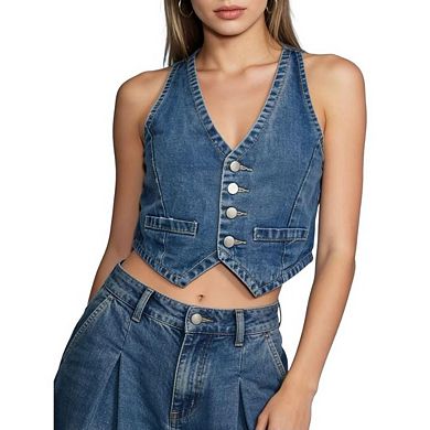 Womens Denim Vest Sleeveless V Neck Button Down Waistcoat Jacket Y2K Summer Crop Tops