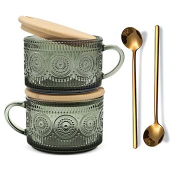 Vintage Glass Mugs Embossed Tea Cups Breakfast Gift— Mother's Day Gift