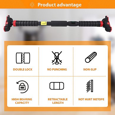 Adjustable No-Screw Doorway Pull Up Bar Heavy Duty Steel, Gear Lock, Bubble Level, Non-Slip Foam