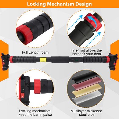 Adjustable No-Screw Doorway Pull Up Bar Heavy Duty Steel, Gear Lock, Bubble Level, Non-Slip Foam
