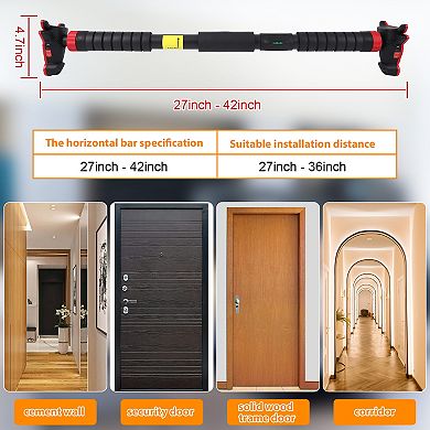 Adjustable No-Screw Doorway Pull Up Bar Heavy Duty Steel, Gear Lock, Bubble Level, Non-Slip Foam