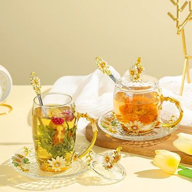 Hand Painted Glass Teacup Set with Lid Spoon Saucer Gift— Mother's Day Gift