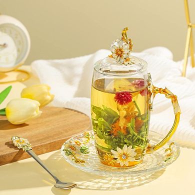 Hand Painted Glass Teacup Set with Lid Spoon Saucer Gift— Mother's Day Gift