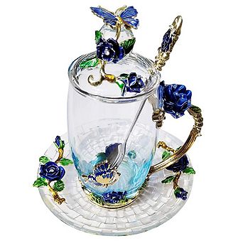 Hand Painted Glass Teacup Set with Lid Spoon Saucer Gift— Mother's Day Gift