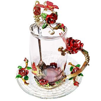 Hand Painted Glass Teacup Set with Lid Spoon Saucer Gift— Mother's Day Gift