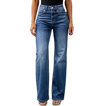 Women's Wide Leg Jeans Casual High Waisted Stretch Baggy Loose Pants With Pockets