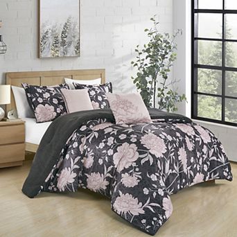 5 pc Velvet Sherpa Comforter Set - Floral Pink & Grey Bedding