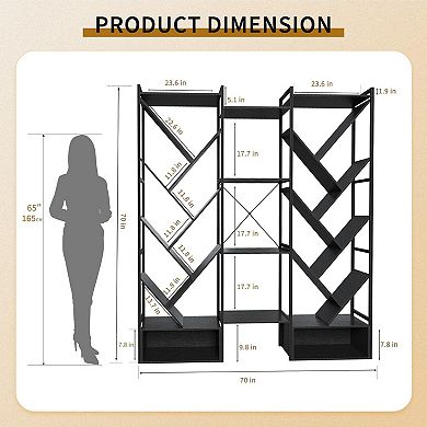 5-Tier Tree Bookshelf, 70.1'' Wide Industrial Bookcase with 20 Open Display Shelves