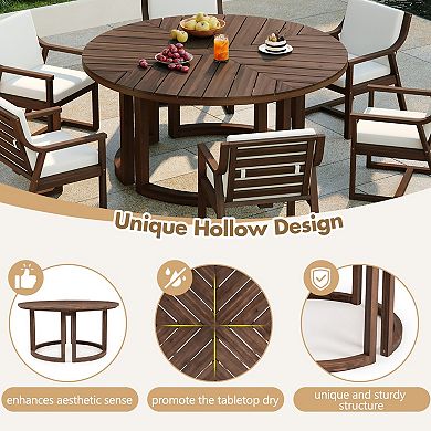 Eazegath 7-Piece Outdoor Wood Round Dining Table Set with 6 Chairs and Cushions