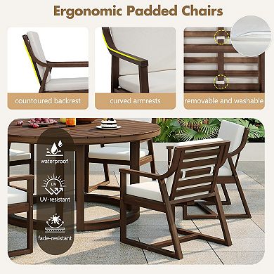 Eazegath 7-Piece Outdoor Wood Round Dining Table Set with 6 Chairs and Cushions