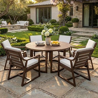 Eazegath 7-Piece Outdoor Wood Round Dining Table Set with 6 Chairs and Cushions