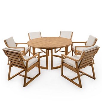 Eazegath 7 pc Outdoor Wood Round Dining Table Set with 6 Chairs and Cushions