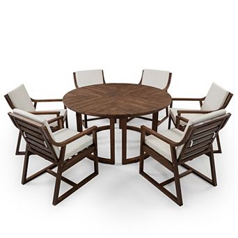 Eazegath 7 pc Outdoor Wood Round Dining Table Set with 6 Chairs and Cushions