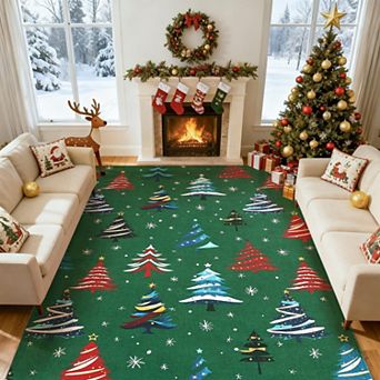 Christmas Tree Washable Area Rug - Non Slip Soft Low Pile Carpet for Living Room Bedroom Holiday