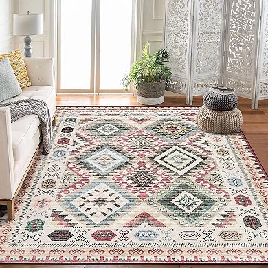 Washable Modern Area Rug Geometry Style Bohemian Rustic Geometric Easy-Cleaning