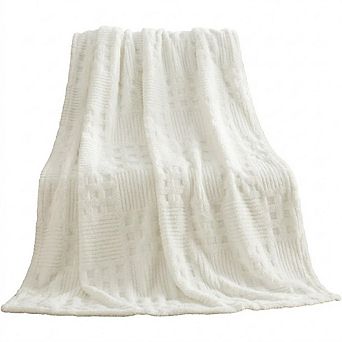 White Cozy Waffle Throw Blanket, Fluffy Soft Fleece Checkered Sofa Bed Blanket