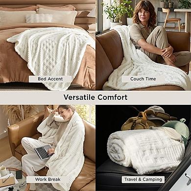White Cozy Waffle Throw Blanket, Fluffy Soft Fleece Checkered Sofa Bed Blanket