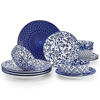 MOEPLSY12 pc Blue Porcelain Dinnerware Set, Microwave & Dishwasher Safe Modern Everyday Dishes
