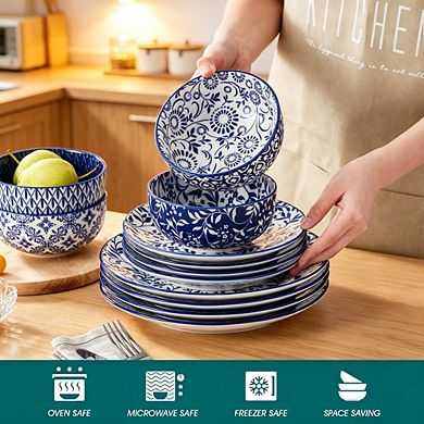 MOEPLSY12-Piece Blue Porcelain Dinnerware Set, Microwave & Dishwasher Safe Modern Everyday Dishes