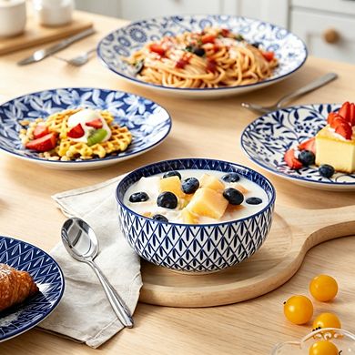 MOEPLSY12-Piece Blue Porcelain Dinnerware Set, Microwave & Dishwasher Safe Modern Everyday Dishes
