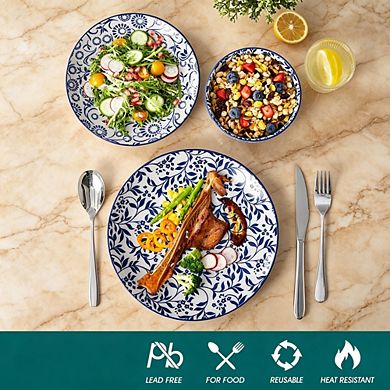 MOEPLSY12-Piece Blue Porcelain Dinnerware Set, Microwave & Dishwasher Safe Modern Everyday Dishes