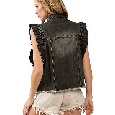 Women's Casual Denim Jacket Featuring Flutter Sleeves Button Front