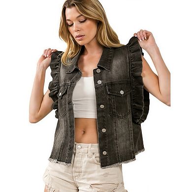 Women's Casual Denim Jacket Featuring Flutter Sleeves Button Front
