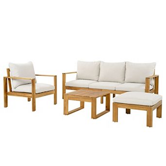 Eazegath 4 pc Outdoor Wood Conversation Sofa Set with Coffee Table and Ottoman