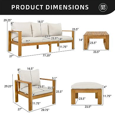 Eazegath 4-Piece Outdoor Wood Conversation Sofa Set with Coffee Table and Ottoman
