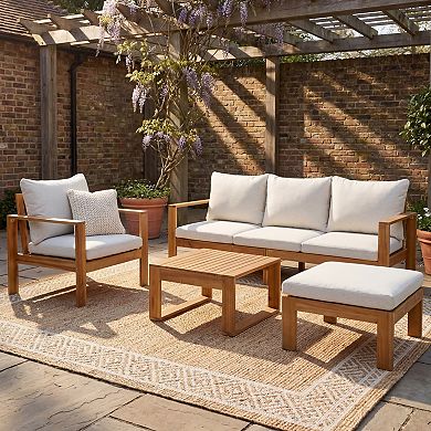 Eazegath 4-Piece Outdoor Wood Conversation Sofa Set with Coffee Table and Ottoman