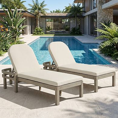 Eazegath 2-Piece Outdoor Wood Adjustable Arched Backrest Chaise Lounge Chairs with Cushions