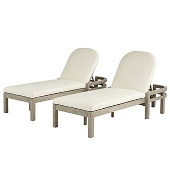 Eazegath 2 pc Outdoor Wood Adjustable Arched Backrest Chaise Lounge Chairs with Cushions