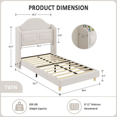 Velvet Upholstered Platform Bed with Bookcase Storage Headboard, LED Lights, Easy Assembly