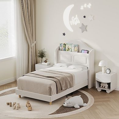 Velvet Upholstered Platform Bed with Bookcase Storage Headboard, LED Lights, Easy Assembly