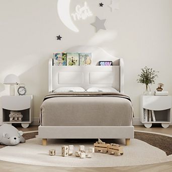 Velvet Upholstered Platform Bed with Bookcase Storage Headboard, LED Lights, Easy Assembly