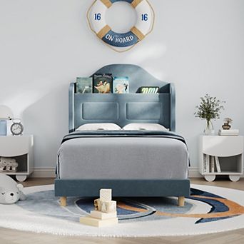 Velvet Upholstered Platform Bed with Bookcase Storage Headboard, LED Lights, Easy Assembly
