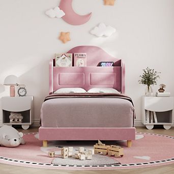 Velvet Upholstered Platform Bed with Bookcase Storage Headboard, LED Lights, Easy Assembly